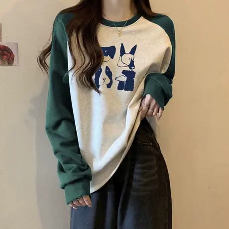 2023新款拼色长袖T恤女春秋冬宽松韩版加绒加厚保暖插肩袖上衣潮商品大图