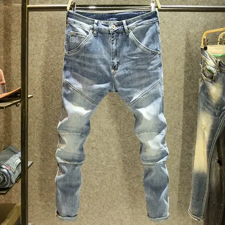 潮流时尚拼接牛仔裤男款高端潮牌修身小脚裤个性弹力休闲裤子夏季商品大图