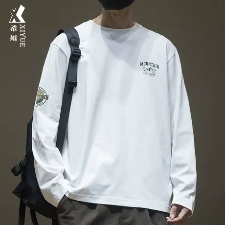 希越秋季白色长袖T恤男士2024春秋新款单衣宽松大码内搭打底衫男商品大图