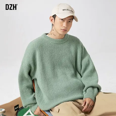 男士蓝色圆领毛衣男秋冬高级感纯色长袖针织上衣宽松男装2024新款商品大图