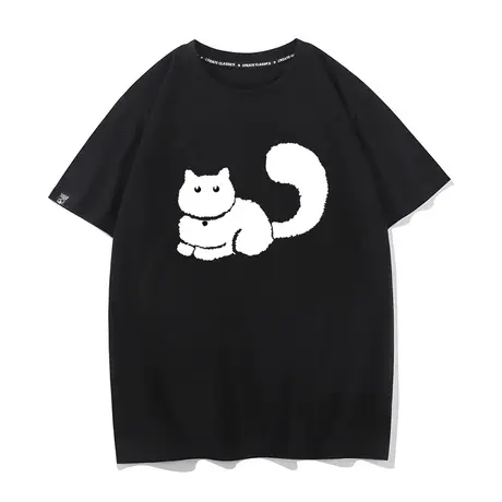 秀洛戴铃铛的小猫黑色短袖女t恤男女夏季小众设计感纯棉半袖打底商品大图