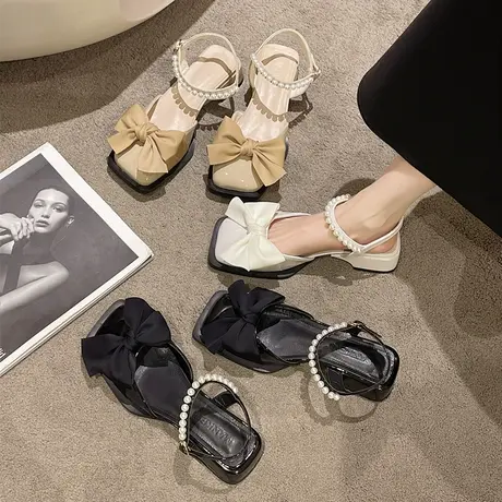包头凉鞋女款夏季2025年新款法式珍珠中跟一字带粗跟玛丽珍小皮鞋商品大图