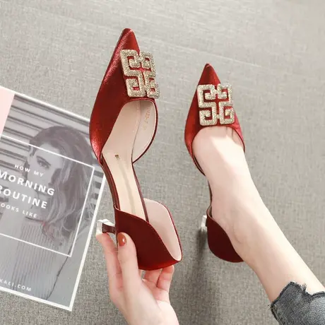 法式高跟鞋2024年新款春季细跟百搭水钻尖头单鞋女网红新娘结婚鞋图片