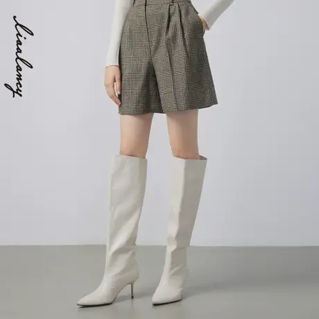 LANCY/朗姿冬季新款羊毛高级短裤显瘦百搭气质高腰格纹裤子女奥莱商品大图