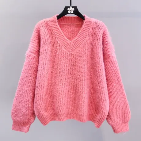 慵懒风粉色V领毛衣女冬季2023新款宽松加厚高级感温柔软糯针织衫商品大图