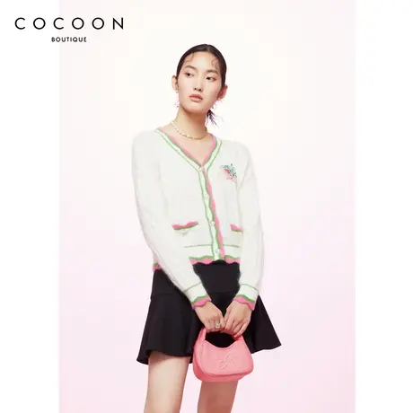 商场同款2023春新款柔美浪漫撞色波浪边趣味开衫毛针织衫女商品大图