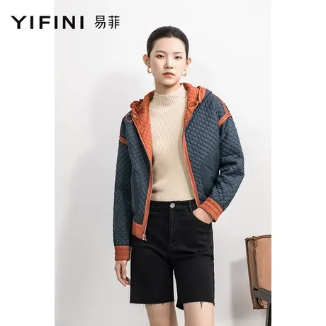 Yifini/易菲休闲通勤宽松短款棉服女春秋新款菱格纹棉衣外套商品大图