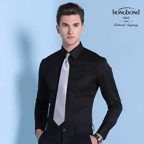 红邦创衣2023秋冬黑衬衫男长袖商务高端修身免烫寸衫职业男装正装图片