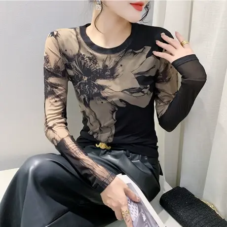 欧货性感网纱圆领复古印花时尚气质减龄内塔上衣女修身T恤打底衫商品大图