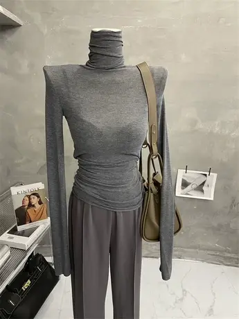 薄款微透～基础款堆堆领打底衫女高领长袖T恤纯色紧身内搭上衣秋商品大图