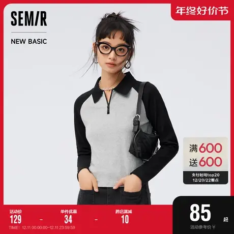 [商场同款]森马长袖T恤女短款紧身拼色插肩袖2023新款polo领秋装商品大图