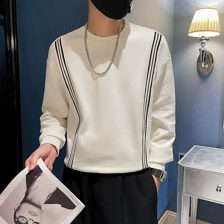 春秋季男圆领卫衣条纹拼接长袖痞帅上衣小众潮牌t恤打底休闲外套商品大图