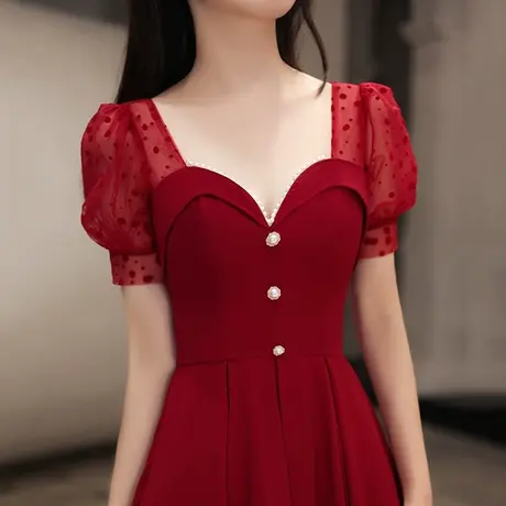 敬酒服新娘平时可穿夏季订婚回门便装小礼服连衣裙仙气红色泡泡袖图片