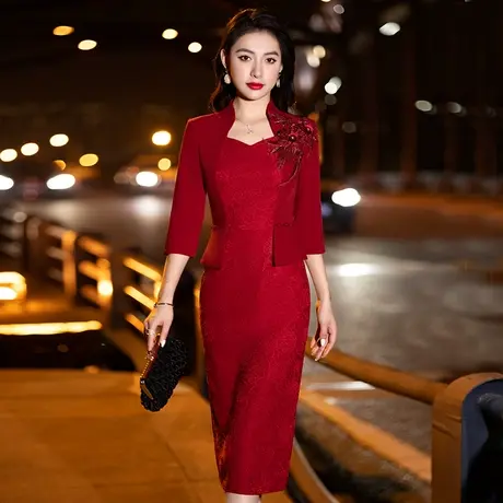 晚礼服裙高级感红色气质男方妈妈婆婆参加婚礼喜服洋气婚宴装冬季图片