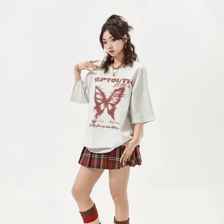 YEP复古蝴蝶印花短袖t恤女春夏2024年新款街头潮牌情侣装宽松上衣商品大图