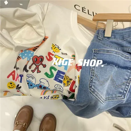 磨毛趣味卡通印花T恤女韩版宽松减龄白色圆领短袖上衣体恤打底衫商品大图