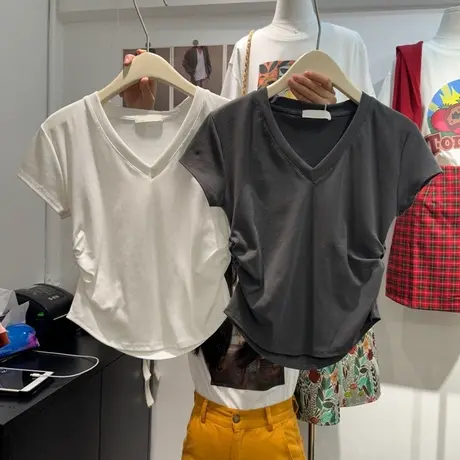 褶皱V领短袖T恤女夏天修身显瘦打底衫短款小个子上衣体恤半袖潮商品大图