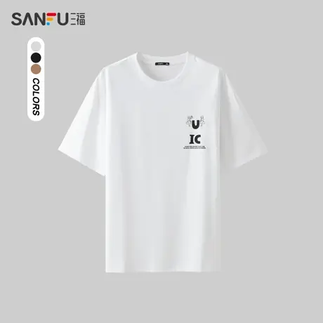 三福2024夏季男士字母人物短T恤 时尚休闲圆领上衣男482812商品大图