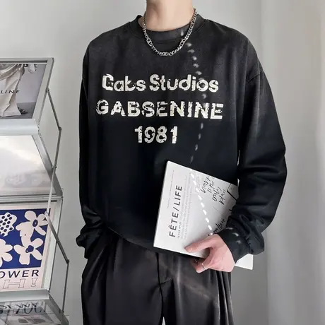 个性渐变色字母卫衣男春季重磅潮牌长袖T恤外套百搭圆领上衣潮T商品大图