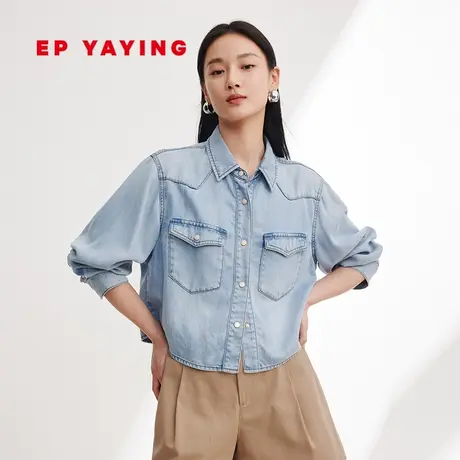 EP YAYING雅莹女装 复古截短箱型牛仔衬衫外套 2024早春新品J201A图片
