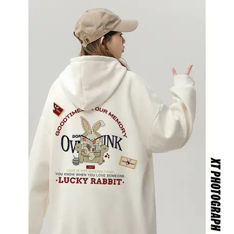 oversize兔子印花卫衣女秋冬加绒加厚ins潮牌国潮设计感宽松外套图片