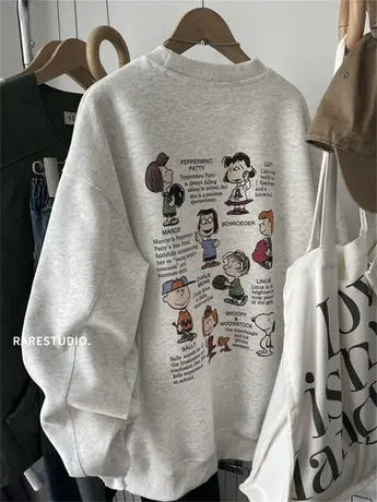 韩国春季新款卡通漫画前后印花慵懒宽松大版圆领卫衣韩系百搭洋气图片