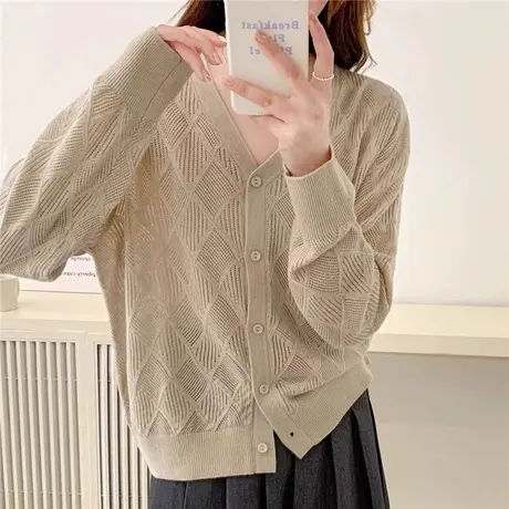 春季2024年新款宽松薄款V领镂空针织开衫女洋气长袖针织衫外套潮商品大图
