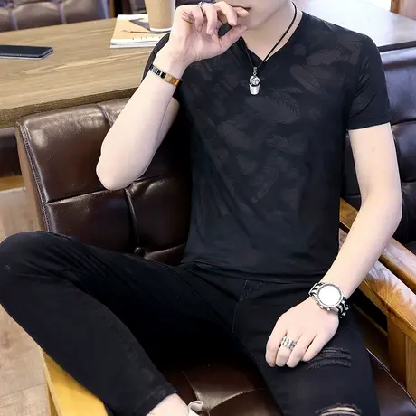 男士夏季冰丝薄款速干T恤短袖汗衫韩版修身V领青年半袖上衣服男潮商品大图