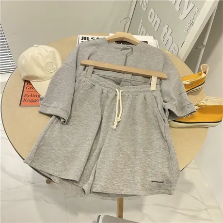 华夫格短袖T恤阔腿短裤两件套女夏季宽松运动休闲套装bf原宿风潮商品大图