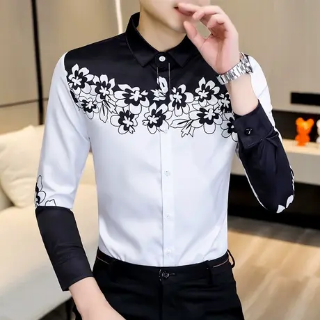 秋季韩版修身长袖衬衫男士潮流薄款印花衬衣ins拼色垂感痞帅寸衫商品大图