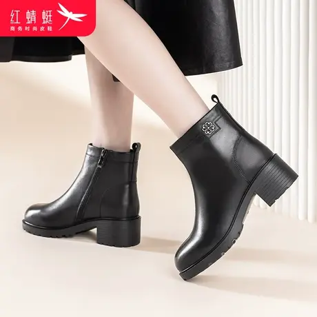 红蜻蜓2023新款秋冬季简约加绒女短靴女鞋休闲中年妈妈鞋舒适皮鞋图片