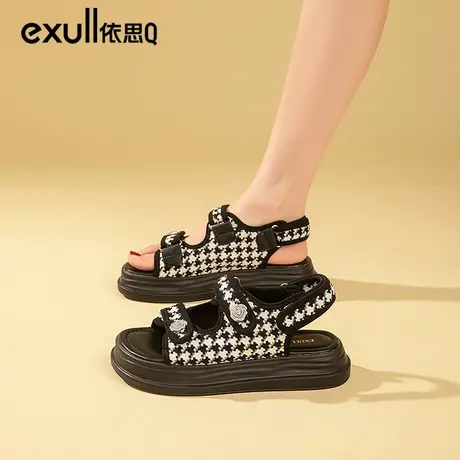 依思q千鸟格凉鞋2024年夏季新款运动时尚平底松糕女鞋轻便魔术贴商品大图
