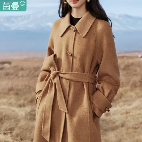 茵曼绵羊毛双面呢外套女2024新款春秋季美拉德羊绒中长款呢子大衣图片
