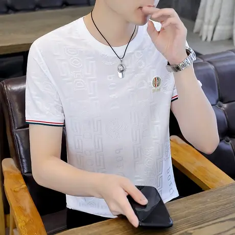 夏季圆领短袖t恤男士新款2023韩版帅气冰丝半袖体恤衫男装打底衫商品大图