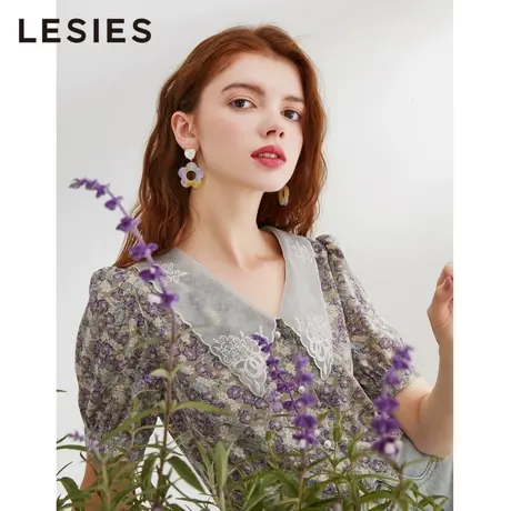 蓝色倾情夏装新款女装 复古绣花领紫色碎花雪纺衬衫女小众上衣商品大图