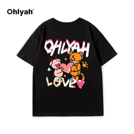 Ohlyah卡通印花T恤女纯棉夏季新款百搭黑色显白宽松韩版短袖上衣商品大图
