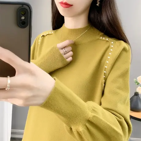 半高领毛衣女钉珠打底衫2023秋冬新款外穿泡泡袖针织衫内搭上衣潮商品大图