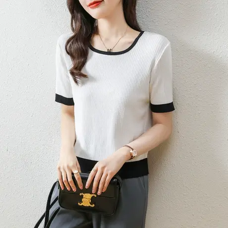夏季女士t恤内搭打底衫韩版短款上衣短袖修身薄款拼色白色针织衫图片