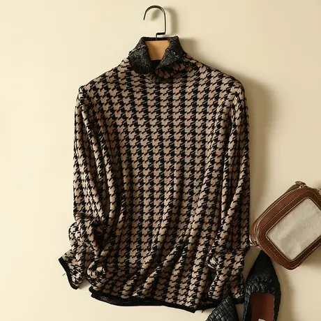 新款天鹅绒高领洋气千鸟格提花套头毛衣女韩版宽松弹力打底衫上衣商品大图