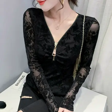 性感V领拉链T恤女装时尚网纱气质上衣紧身内搭打底衫女长袖春秋潮商品大图