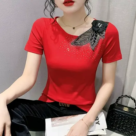 欧货性感上衣女短袖时尚镂空心机小衫网纱拼接T恤重工烫钻半袖夏商品大图