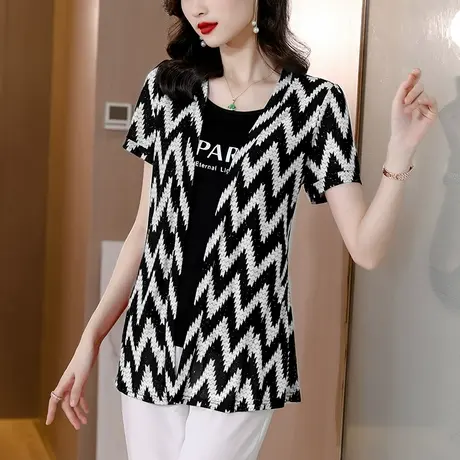 假两件短袖t恤女夏季2023年新款漂亮印花上衣服设计感大码妈妈装商品大图