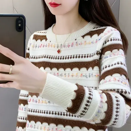 针织衫女2023秋冬新款圆领条纹套头毛衣内搭洋气百搭秋季新款上衣商品大图