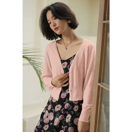 弥古早春粉色针织开衫高级感2023年新款春季吊带裙外搭罩衫女上衣图片