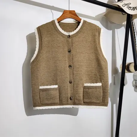 针织马甲开衫女春秋新款复古下摆开叉慵懒风无袖坎肩毛衣背心外套商品大图