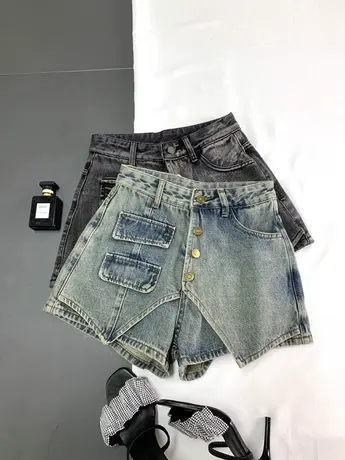 水洗复古排扣牛仔短裤裙2023夏新款显瘦百搭ins小众设计高腰裤裙图片