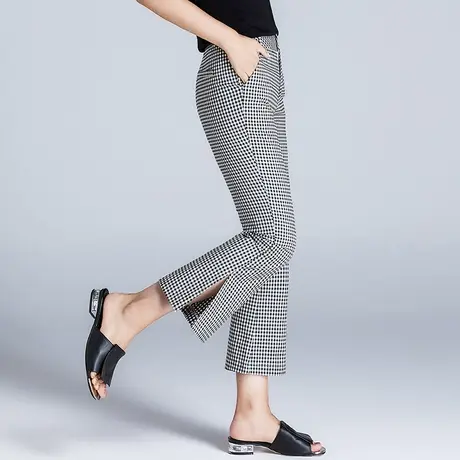 九分微喇裤女2023年新款女裤夏季薄款格子裤休闲裤子八分裤喇叭裤商品大图