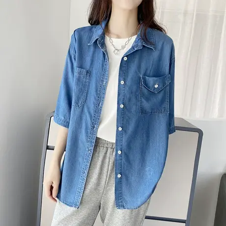 2023春夏新款七分袖牛仔衬衫女上衣中长款宽松叠穿夏季衬衣薄外套商品大图