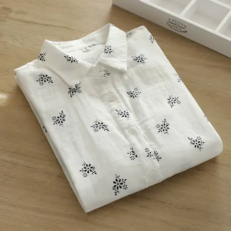 春秋新款日系文艺双层棉纱印花长袖白衬衫女宽松百搭柔软打底衬衣图片