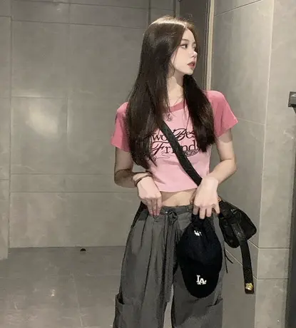 美式正肩t恤女短袖2023夏季新款百搭撞色修身显瘦插肩袖短款上衣商品大图